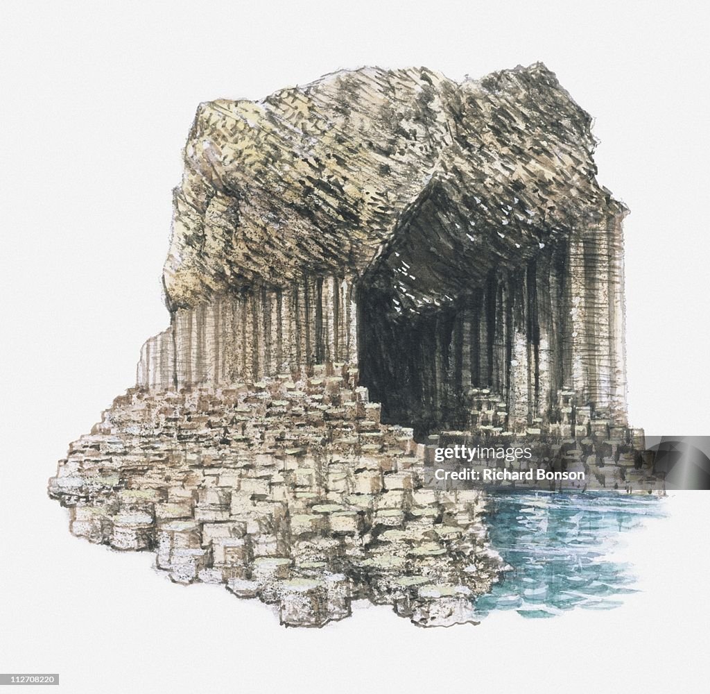 Illustration of Fingal's Cave formed from basalt columns on island of Staffa