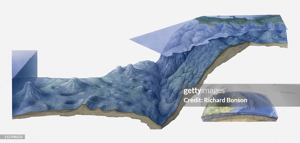 Illustration of The Japan Trench and inset of position in Pacific ocean