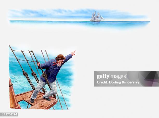 illustration of sailor on the ellen austin leaning out over side of lookout post and pointing out at ghost ship in distance - sailor arm stock-grafiken, -clipart, -cartoons und -symbole