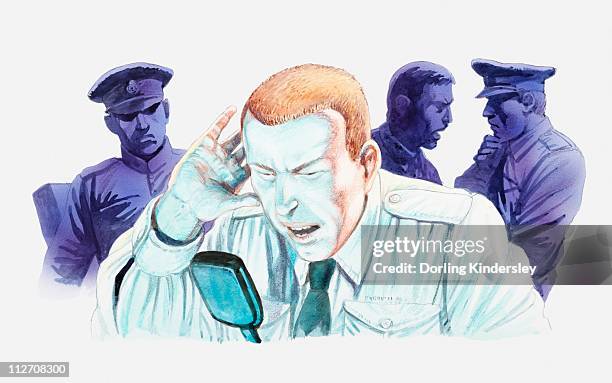 illustration of stressed air traffic control operator using transceiver after losing contact with aircarft - command center stock illustrations