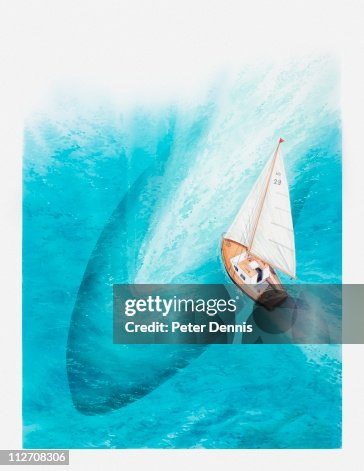 Illustraion of small sailing boat passing over large vessel below Illustraion of small sailing boat passing over large vessel below