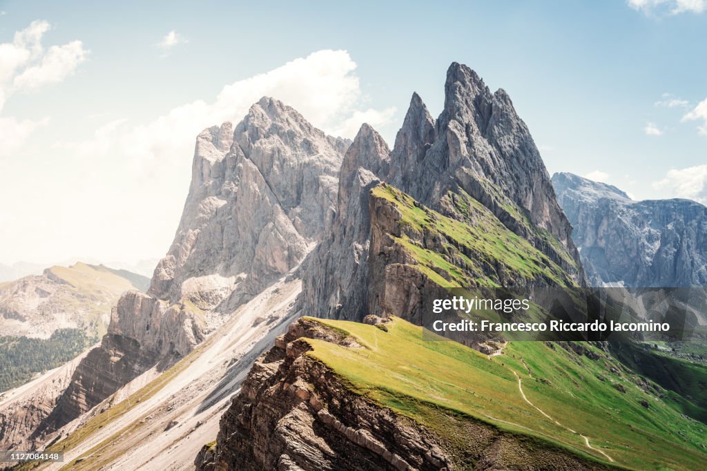 Seceda Mountain peak with green field