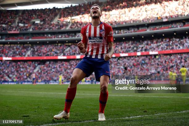 Saul Niguez of Atletico Madrid celebrates after scoring his team's second goal during the La Liga match between Club Atletico de Madrid and...