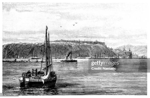 view of the city of quebec from the st. lawrence river - people in quebec city stock illustrations