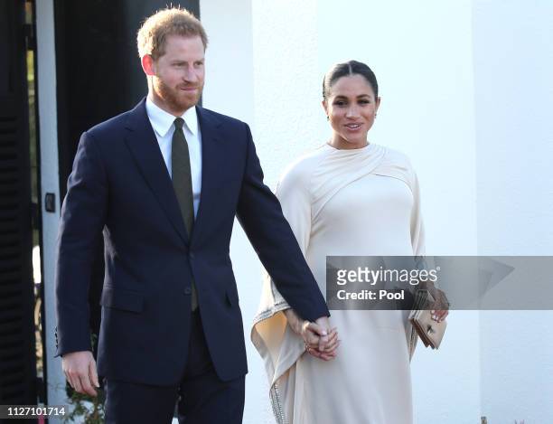 Prince Harry, Duke of Sussex and Meghan, Duchess of Sussex arrive for a reception hosted by the British Ambassador to Morocco at the British...