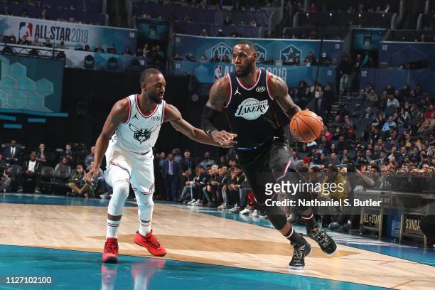 LeBron James of Team LeBron handles the ball against Kemba Walker of Team Giannis during the 2019 NBA All-Star Game on February 17, 2019 at the...