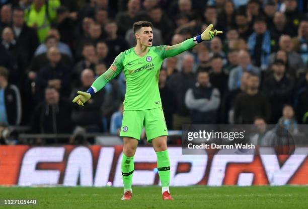 Kepa Arrizabalaga of Chelsea refuses to be substituted during the Carabao Cup Final between Chelsea and Manchester City at Wembley Stadium on...