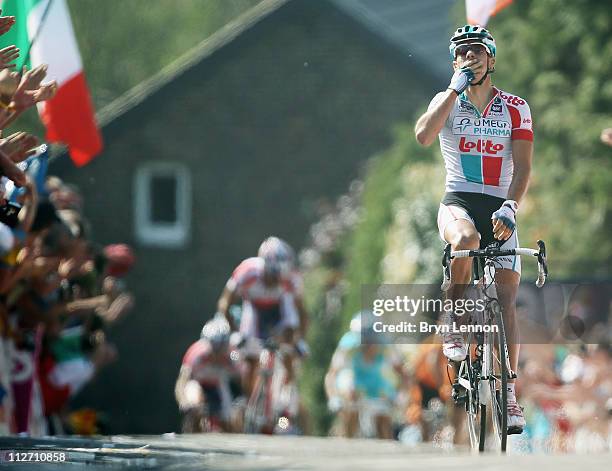 Philippe Gilbert of Belgium and Omega Pharma-Lotto approaches the finish line on his way to winning the 75th La Fleche Wallonne 2011 Cycle Race from...
