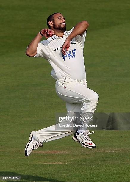 Andre Adams of Nottinghamshire bowls during the LV County Championship match between Yorkshire and Nottinghamshire at Headingley on April 20, 2011 in...