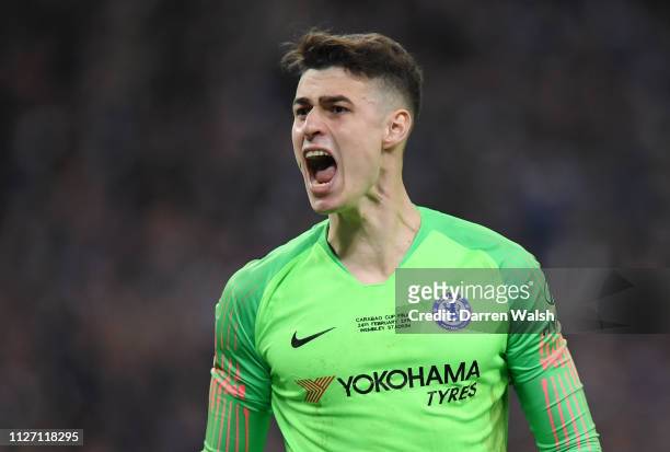 Kepa Arrizabalaga of Chelsea reacts after saving a penalty from Leroy Sane of Manchester City in the penalty shootout during the Carabao Cup Final...