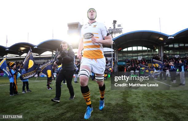 James Gaskell of Wasps runs out on his 100th apperance for Wasps during the Premiership Rugby Cup match between Worcester Warriors and Wasps at...