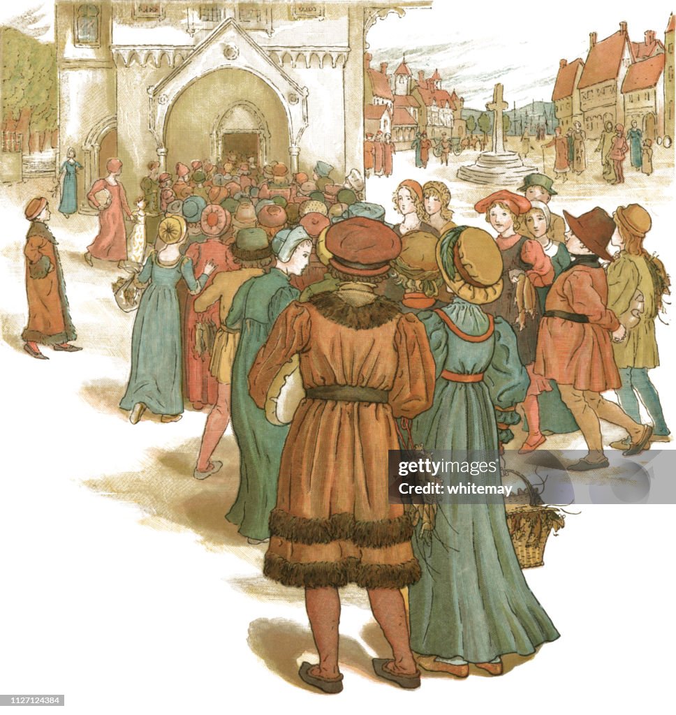 Townsfolk queuing to enter the town hall