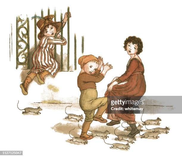 ilustrações de stock, clip art, desenhos animados e ícones de young girl and two children trying to escape from rats - infestation