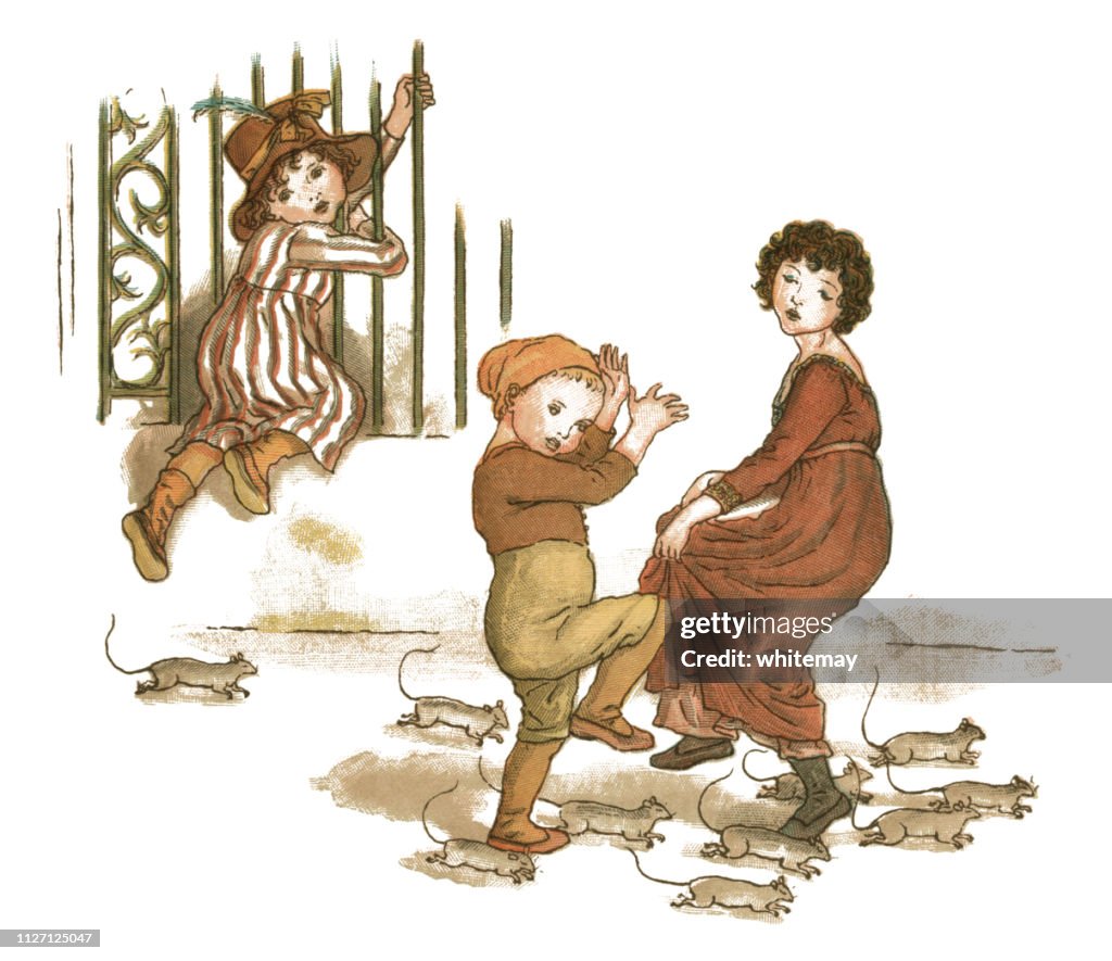 Young girl and two children trying to escape from rats