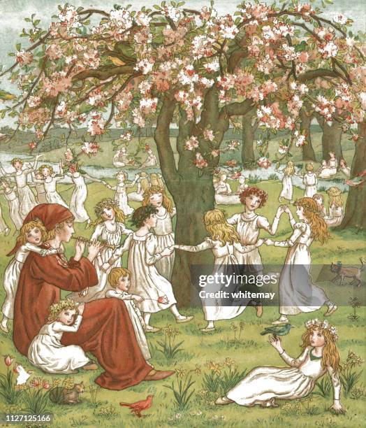 young girls dancing amongst the trees while the pied piper plays his pipe - hameln stock illustrations