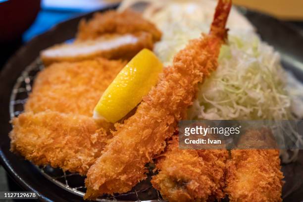 traditional japanese cuisine, fried pork and shrimp with vegetable, tonkatsu (pork cutlet) set meal - tonkatsu - fotografias e filmes do acervo