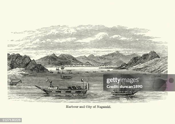 harbour and city of nagasaki, japan, 19th century - harbour city stock illustrations