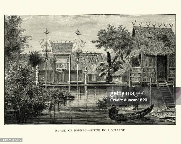 ilustraciones, imágenes clip art, dibujos animados e iconos de stock de aldea en la isla de borneo, siglo xix - isla de borneo