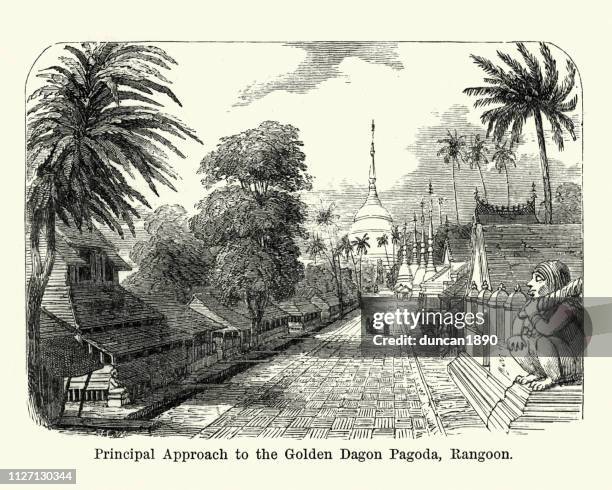 shwedagon pagoda, rangoon, burma, 19th century - shwedagon pagoda stock illustrations