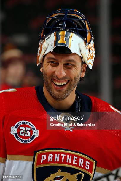 Goaltender Roberto Luongo of the Florida Panthers is happy to be on the ice for warm ups prior to the start of the game against the Vegas Golden...