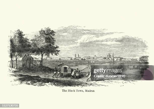 stockillustraties, clipart, cartoons en iconen met de zwarte stad, madras, india, 19e eeuw - chennai