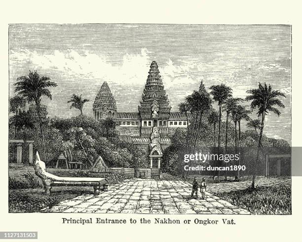 entrance to angkor wat, 19th century - angkor wat stock illustrations