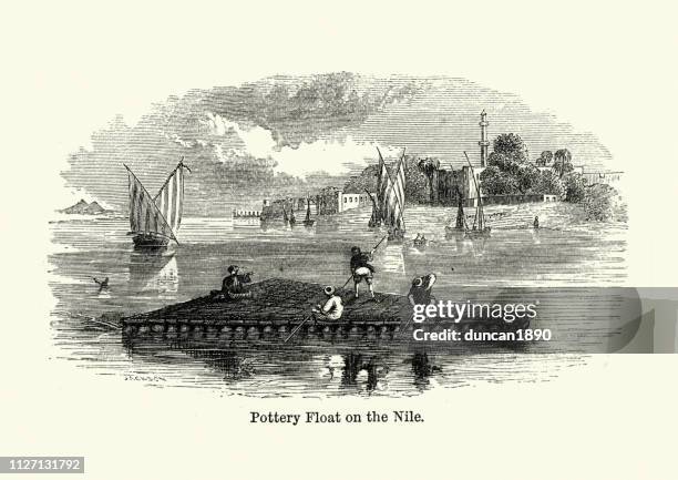 pottery float on the nile, egypt, 19th century - barge stock illustrations