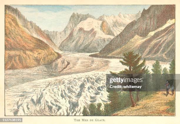 the mer de glace glacier on mont blanc, france - mont blanc stock illustrations