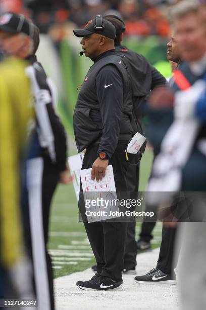 Head Coach Marvin Lewis of the Cincinnati Bengals watches his team from the sidelines during the game against the Oakland Raiders at Paul Brown...