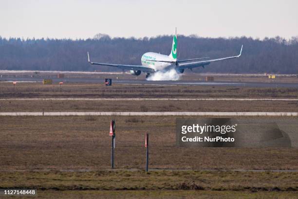 Transavia low cost airline, subsidiary of KLM Group, Boeing 737-800, specifically 737-8K2 with registration PH-HZN landing during a day with nice...