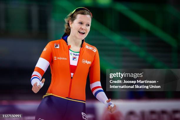 Lotte van Beek of Netherlands reacts in the Ladies 1500m during day 3 of the ISU World Cup Speed Skating Hamar at Hamar Olympic Hall on February 03,...