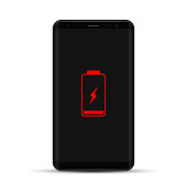 Mobile Phone With Low Battery Sign On Screen. Vector isolated realistic illustration