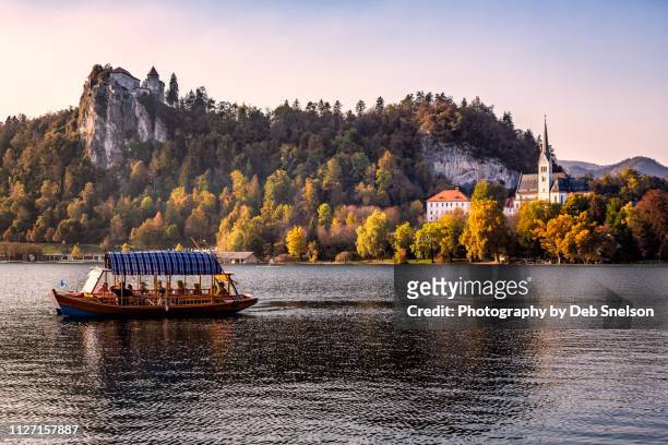 lake bled with pletna and bled castle - bled slovenia stock-fotos und bilder
