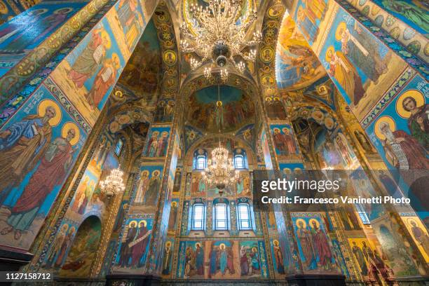 interiors of the church of the saviour on spilled blood, st petersburg. - russian orthodoxy stock pictures, royalty-free photos & images