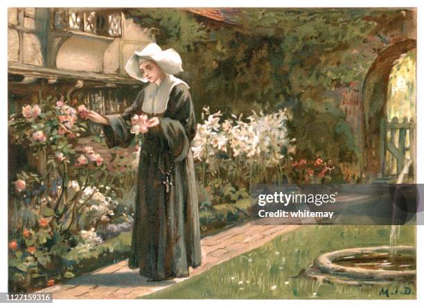 ilustrações de stock, clip art, desenhos animados e ícones de young nun gathering flowers in a summer garden - madre