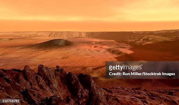 the view from the rim of the caldera of olympus mons on mars, the largest volcano in the solar system. - olympus mons mars stock illustrations