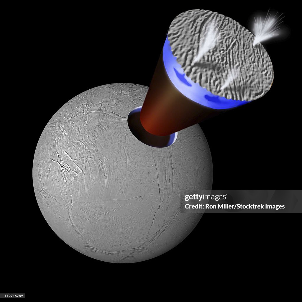 A schematic showing the layers of Enceladus: an icy crust beneath which may lie liquid water and a solid, hot core.