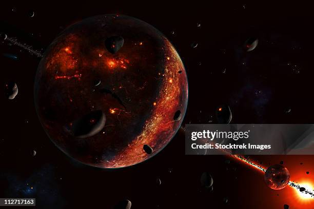 a scene portraying the early stages of a solar system forming. - planets colliding stock illustrations