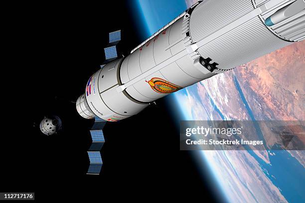 Timiing Module Rocket A Command Module Approaches An Awaiting Rocket In Earth Orbit High-Res ...