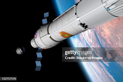 A command module approaches an awaiting rocket in Earth orbit. A command module approaches an awaiting rocket in Earth orbit.