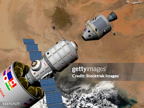 A command module prepares to dock with a Phobos mission rocket in Earth orbit. A command module prepares to dock with a Phobos mission rocket in Earth orbit.