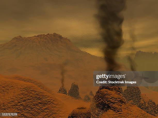 artist's concept of volcanic activity on the surface of venus. - cinder cone volcano stock illustrations