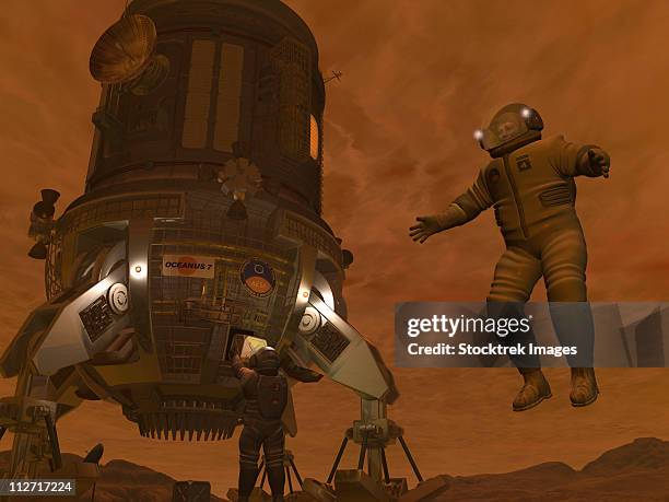 artist's concept of astronauts exploring the surface of saturn's moon titan. - titan stock illustrations