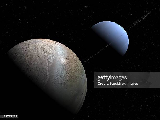 illustration of the gas giant planet neptune and its largest moon triton. - triton stock illustrations