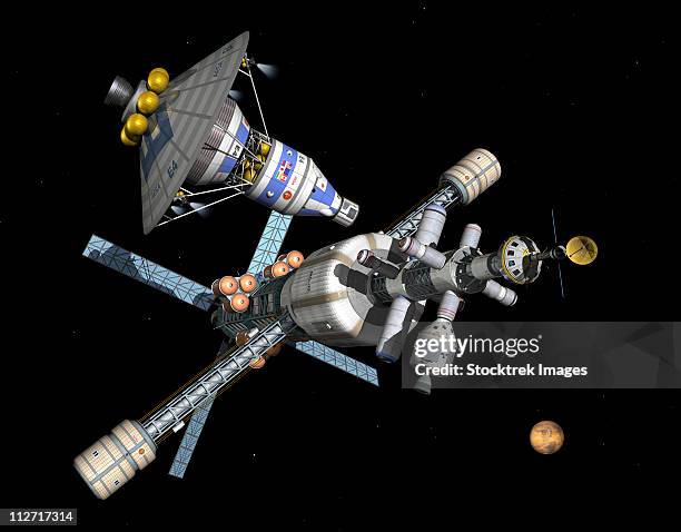 a manned mars lander/return vehicle, upper left, disembarks from a mars cycler for the surface of mars. - space probe stock illustrations