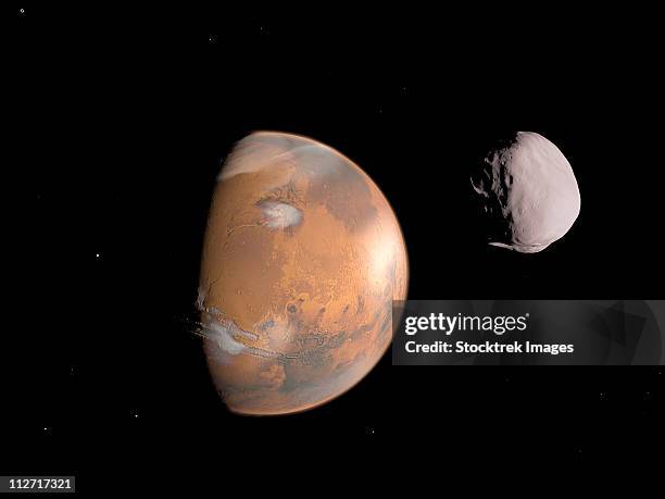 artist's concept of mars and it's moon, dione. - planetary geology stock illustrations