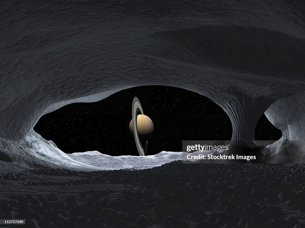 Artist's concept of how Saturn might appear from within a hypothetical ice cave on Iapetus.
