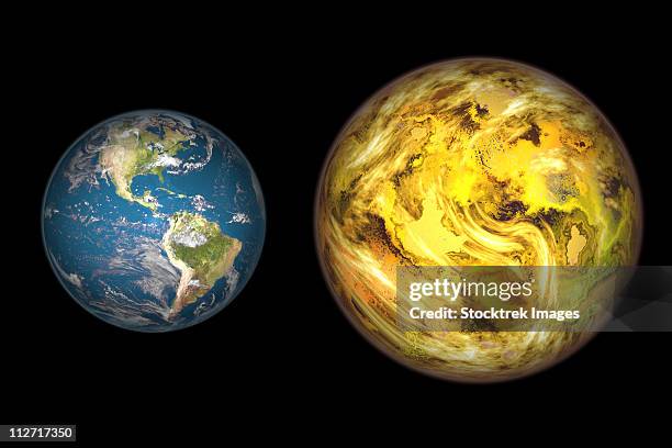 illustration comparing the size of extrasolar planet gliese 581 c with that of the earth. - paleontology tools stock illustrations