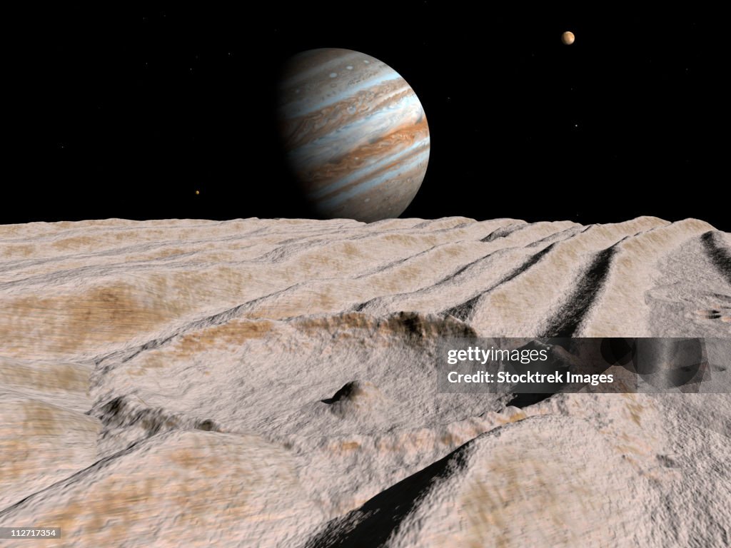Artist's concept of an impact crater on Jupiter's moon Ganymede, with Jupiter on the horizon.