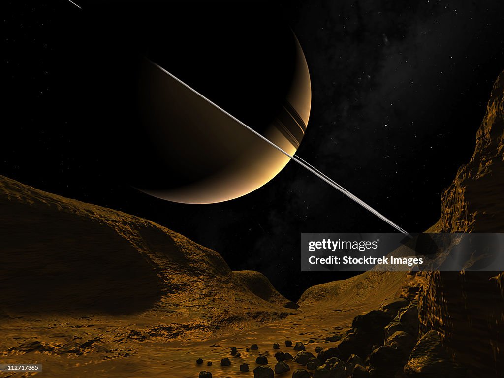 Illustration of Saturn from the icy surface of Enceladus.